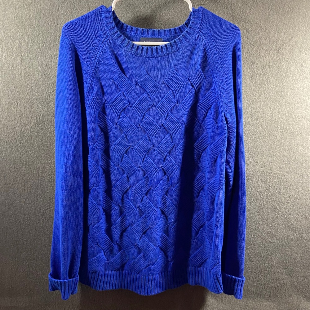Lands End women Drifter Sweater large Blue Cotton Cable chunky‎ Knit Crewneck